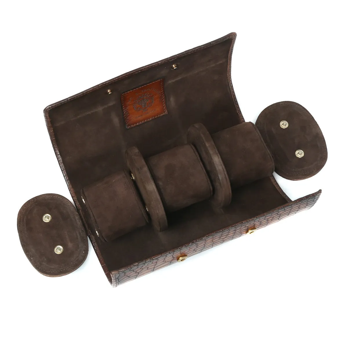 Mustard Smokey Finish Deep Cut Croco Leather Wrist Watch Roll by Brune & Bareskin