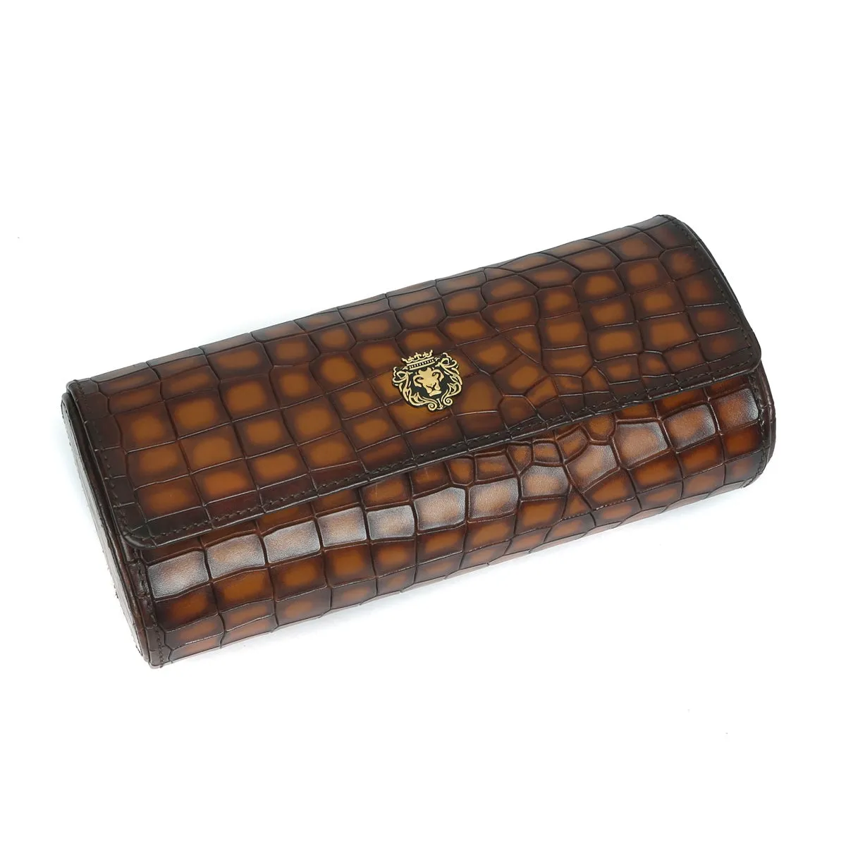 Mustard Smokey Finish Deep Cut Croco Leather Wrist Watch Roll by Brune & Bareskin