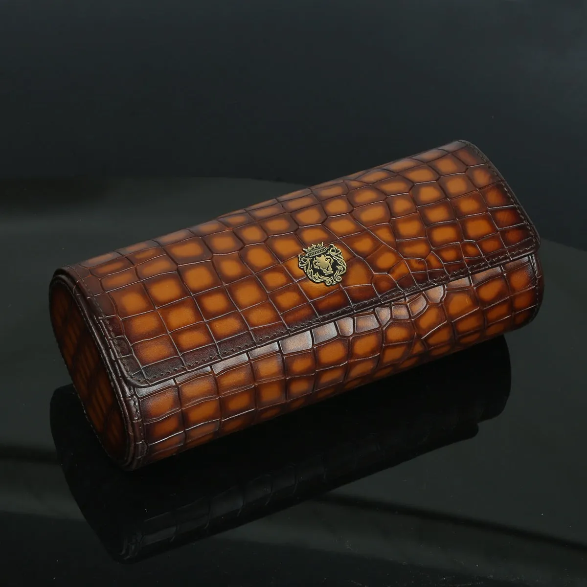 Mustard Smokey Finish Deep Cut Croco Leather Wrist Watch Roll by Brune & Bareskin