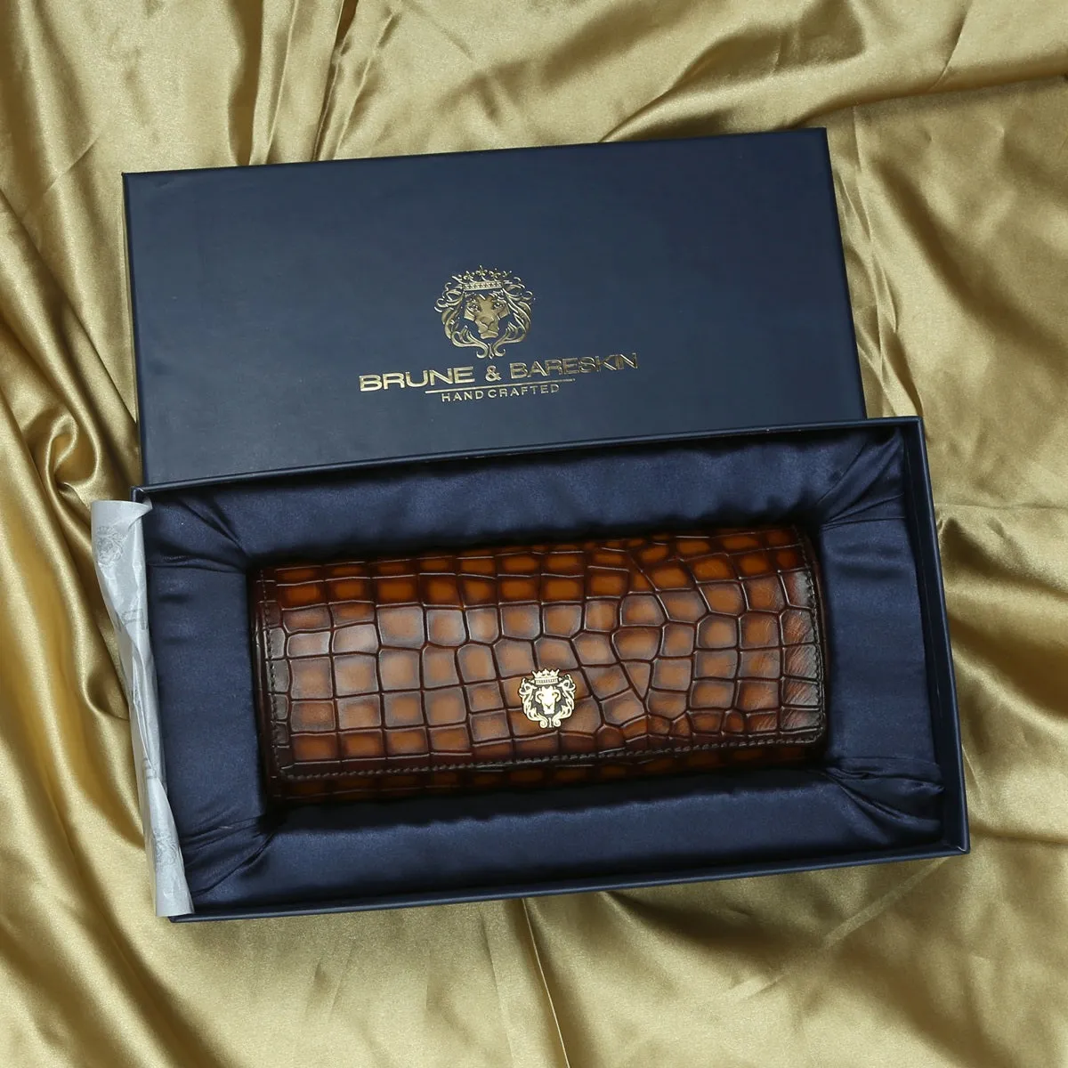 Mustard Smokey Finish Deep Cut Croco Leather Wrist Watch Roll by Brune & Bareskin