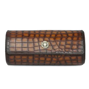 Mustard Smokey Finish Deep Cut Croco Leather Wrist Watch Roll by Brune & Bareskin