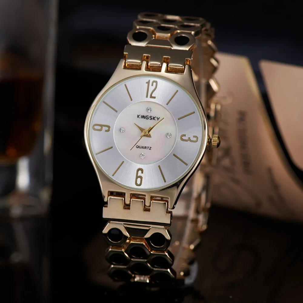 opular Brand New Quartz Watch Unique Gold Stainless Steel Band Analog Display Relogio Women Wristwatches For Ladies