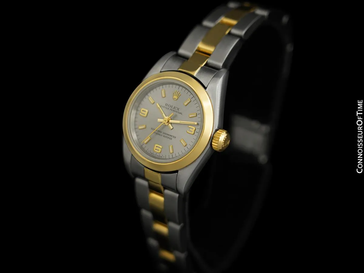 Rolex Ladies 2-Tone Oyster Perpetual, Gray Baton Dial - 18K Gold & Stainless Steel
