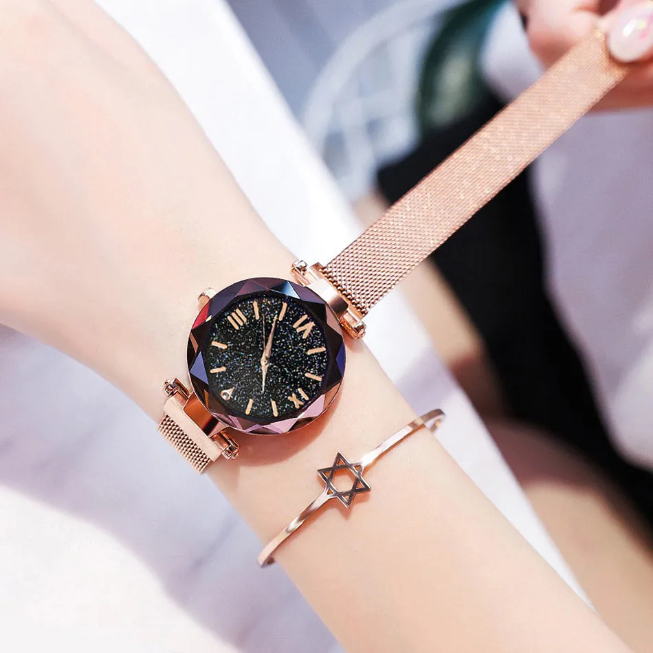 Sidiou Group Wholesale Women's Fashion Starry Sky Watches Magnet Buckle Mesh Belt Diamond Quartz Clock Luminous Dial Women Dress Watch