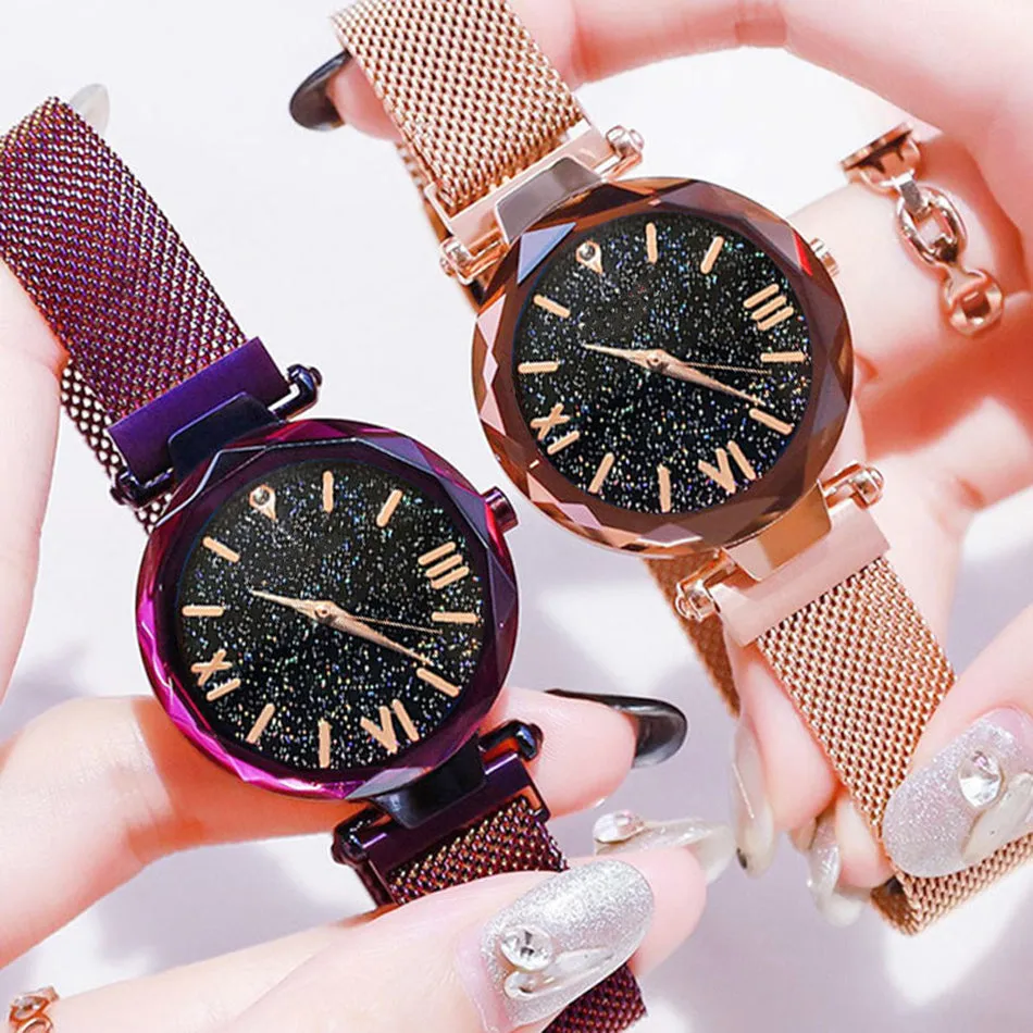 Sidiou Group Wholesale Women's Fashion Starry Sky Watches Magnet Buckle Mesh Belt Diamond Quartz Clock Luminous Dial Women Dress Watch
