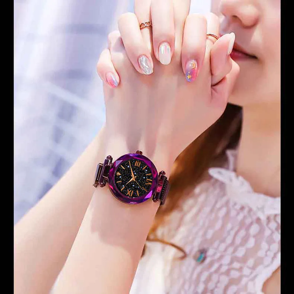Sidiou Group Wholesale Women's Fashion Starry Sky Watches Magnet Buckle Mesh Belt Diamond Quartz Clock Luminous Dial Women Dress Watch