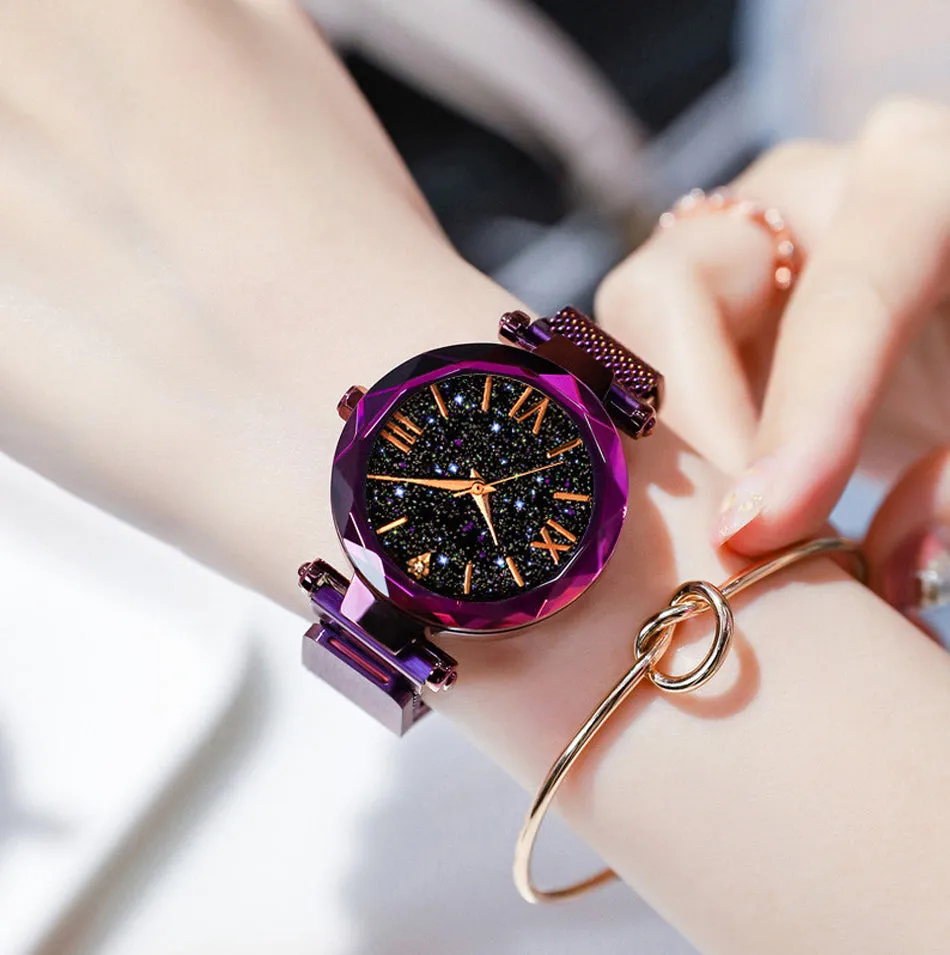 Sidiou Group Wholesale Women's Fashion Starry Sky Watches Magnet Buckle Mesh Belt Diamond Quartz Clock Luminous Dial Women Dress Watch