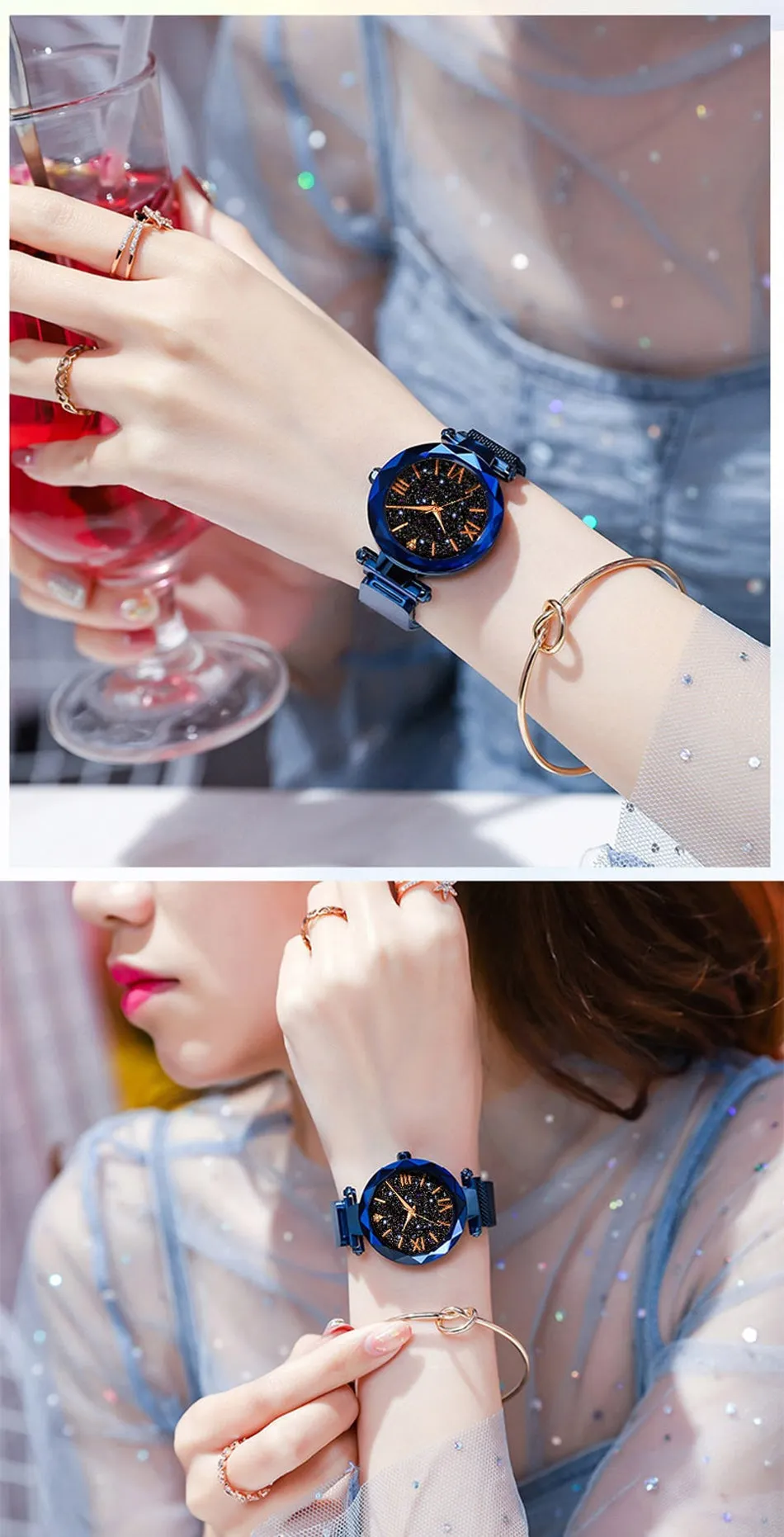 Sidiou Group Wholesale Women's Fashion Starry Sky Watches Magnet Buckle Mesh Belt Diamond Quartz Clock Luminous Dial Women Dress Watch