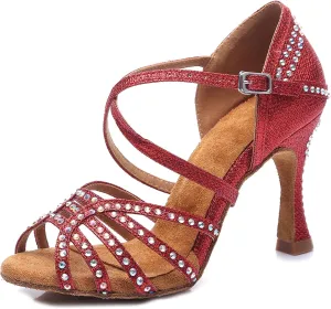 SWDZM Latin Dance Shoes for Women with Rhinestones Ballroom Comfortable Salsa Dancing Shoes