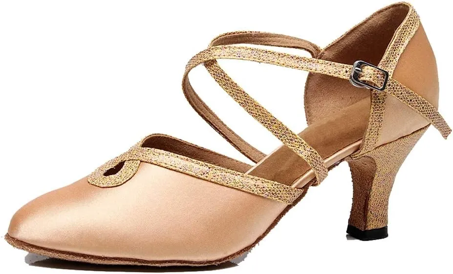TDA Women's Mid Heel Closed Toe Glitter Tagno Salsa Wedding Ballroom Modern Latin Dance Shoes
