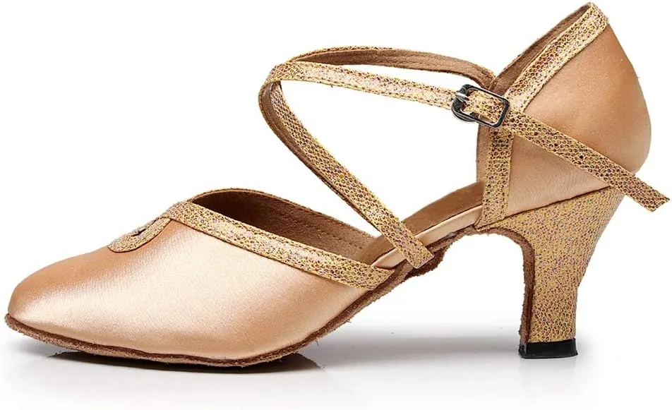TDA Women's Mid Heel Closed Toe Glitter Tagno Salsa Wedding Ballroom Modern Latin Dance Shoes