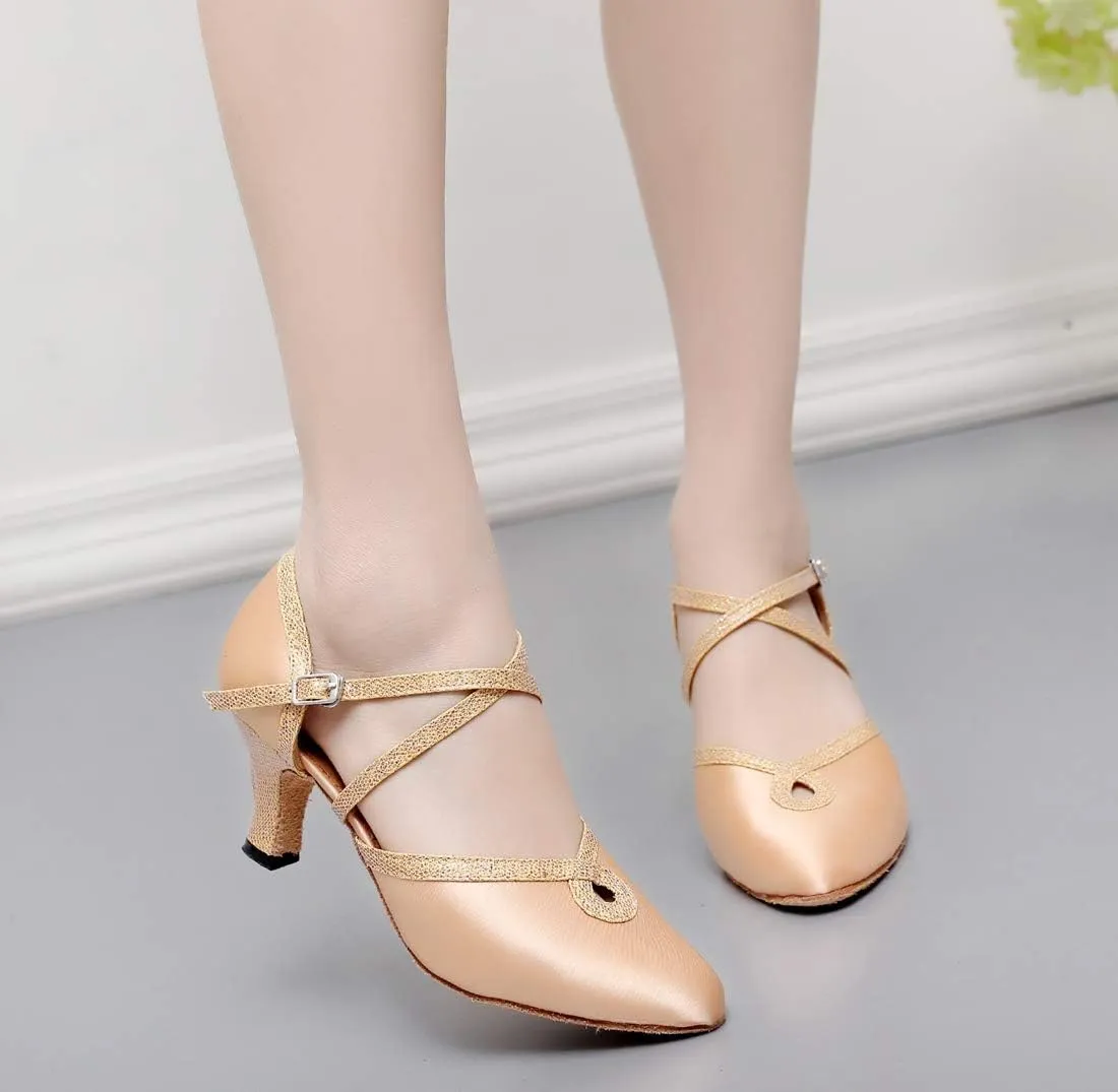 TDA Women's Mid Heel Closed Toe Glitter Tagno Salsa Wedding Ballroom Modern Latin Dance Shoes