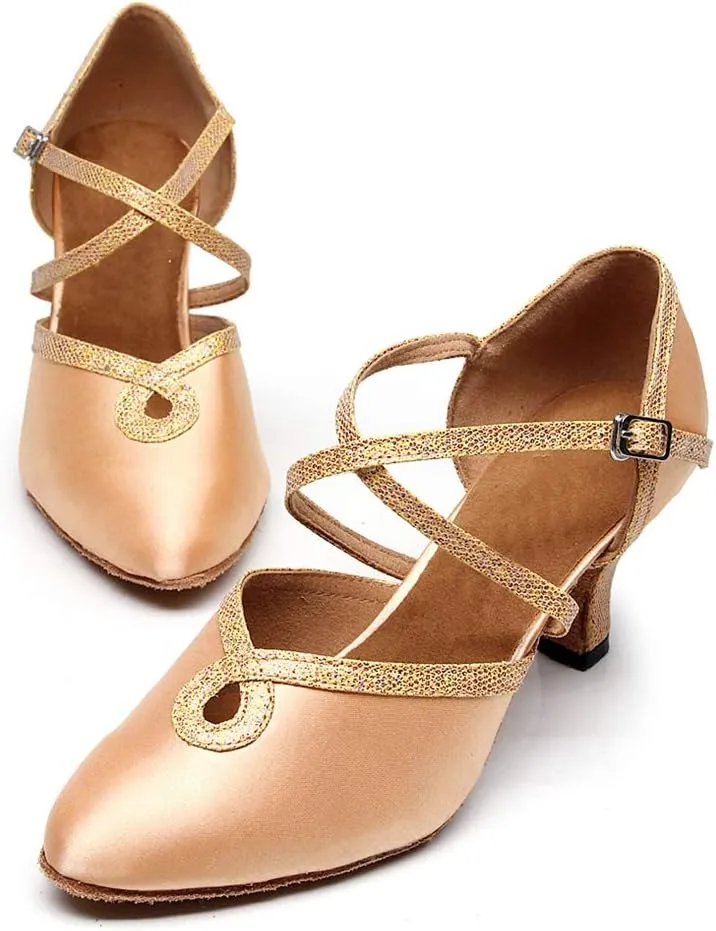 TDA Women's Mid Heel Closed Toe Glitter Tagno Salsa Wedding Ballroom Modern Latin Dance Shoes