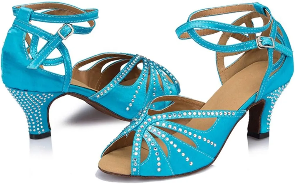 TDA Womens Mid Heel Crystals Satin Latin Modern Salsa Tango Ballroom Wedding Dance Shoes