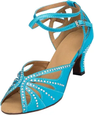 TDA Womens Mid Heel Crystals Satin Latin Modern Salsa Tango Ballroom Wedding Dance Shoes