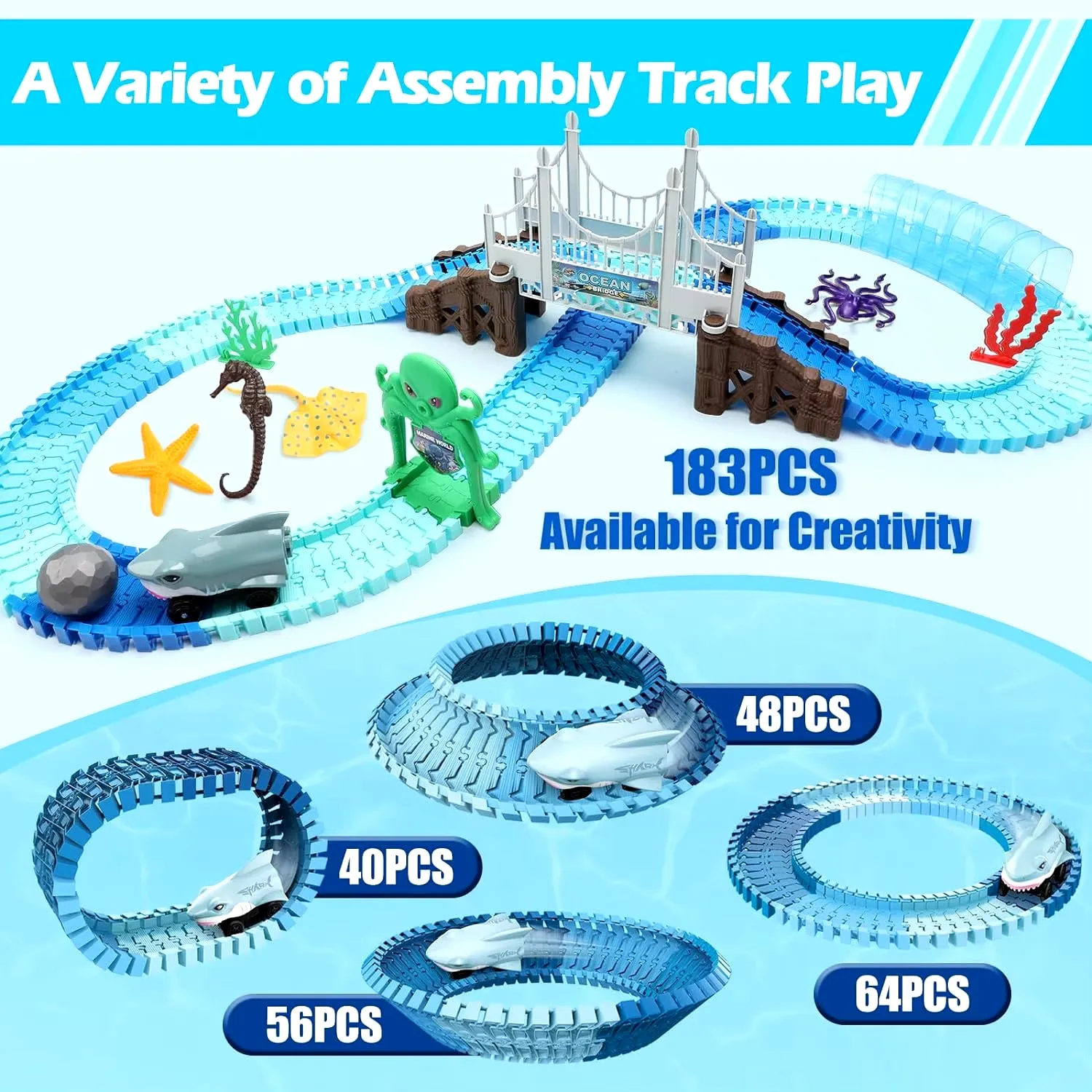 Track Toys Shark Race Car Toy for Boys Girls Age 3  Bendable Flexible Racetrack Cars Ocean Train Toy STEM Educate Kid Set