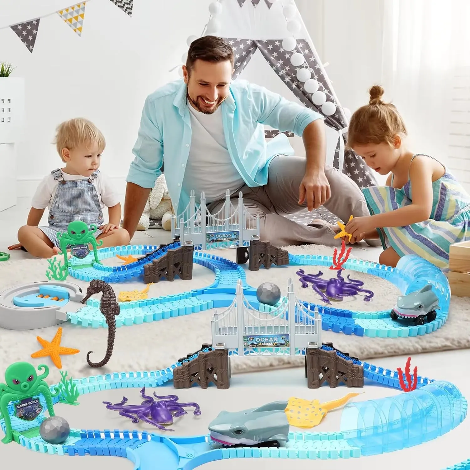 Track Toys Shark Race Car Toy for Boys Girls Age 3  Bendable Flexible Racetrack Cars Ocean Train Toy STEM Educate Kid Set