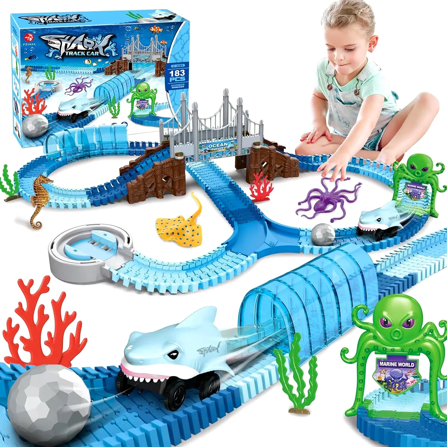 Track Toys Shark Race Car Toy for Boys Girls Age 3  Bendable Flexible Racetrack Cars Ocean Train Toy STEM Educate Kid Set