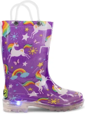 Western Chief Kids Waterproof Light Up Rain Boots With Handles for Easy On and Off for Boys and Girls, Rainbow Unicorn, Purple, 10 Toddler US