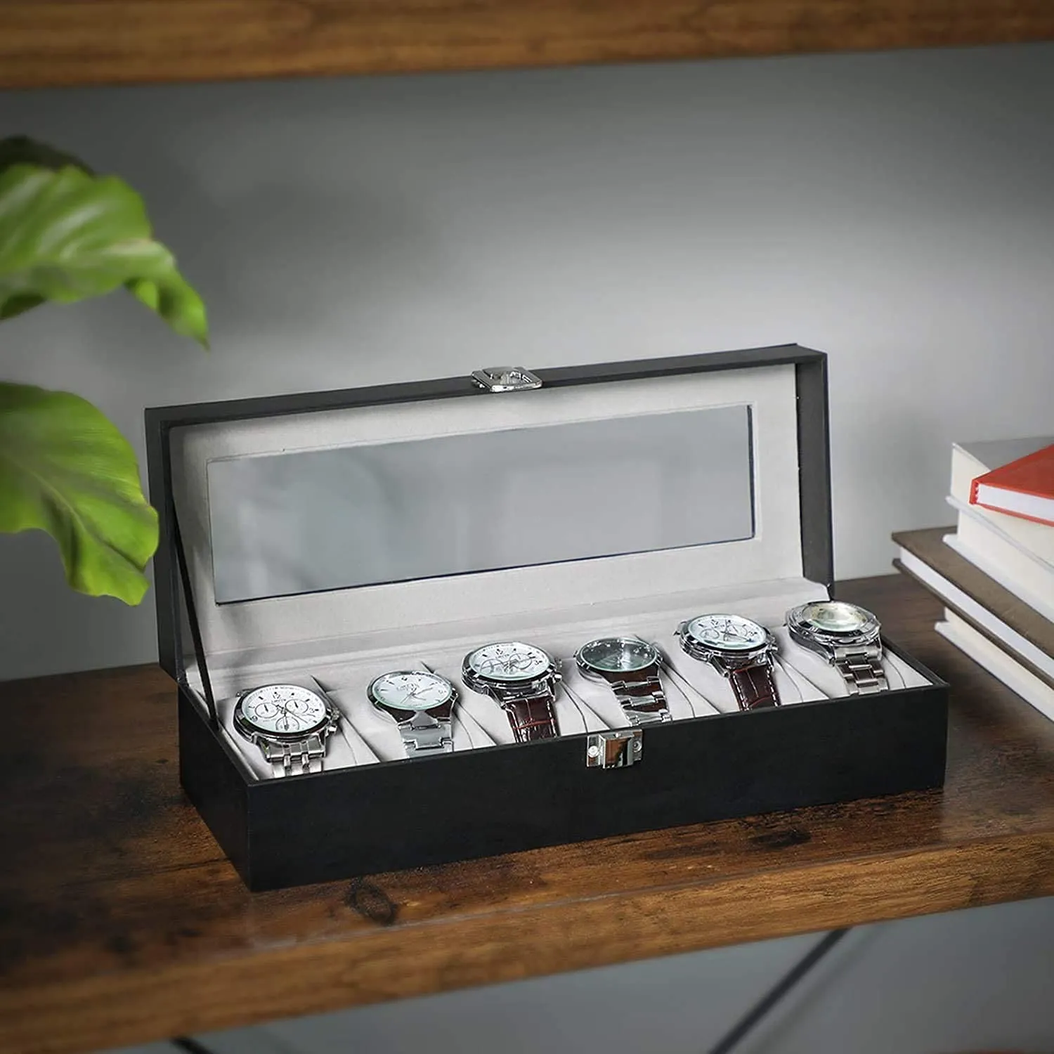 WOLBLIX Watch Box 6 - Slot, Watch Holder with Glass Lid, Watch Case with Removable Watch Pillow, Velvet Lining, Metal Clasp, Watch Box Display Case Organizer Men's & Women's Gift Business