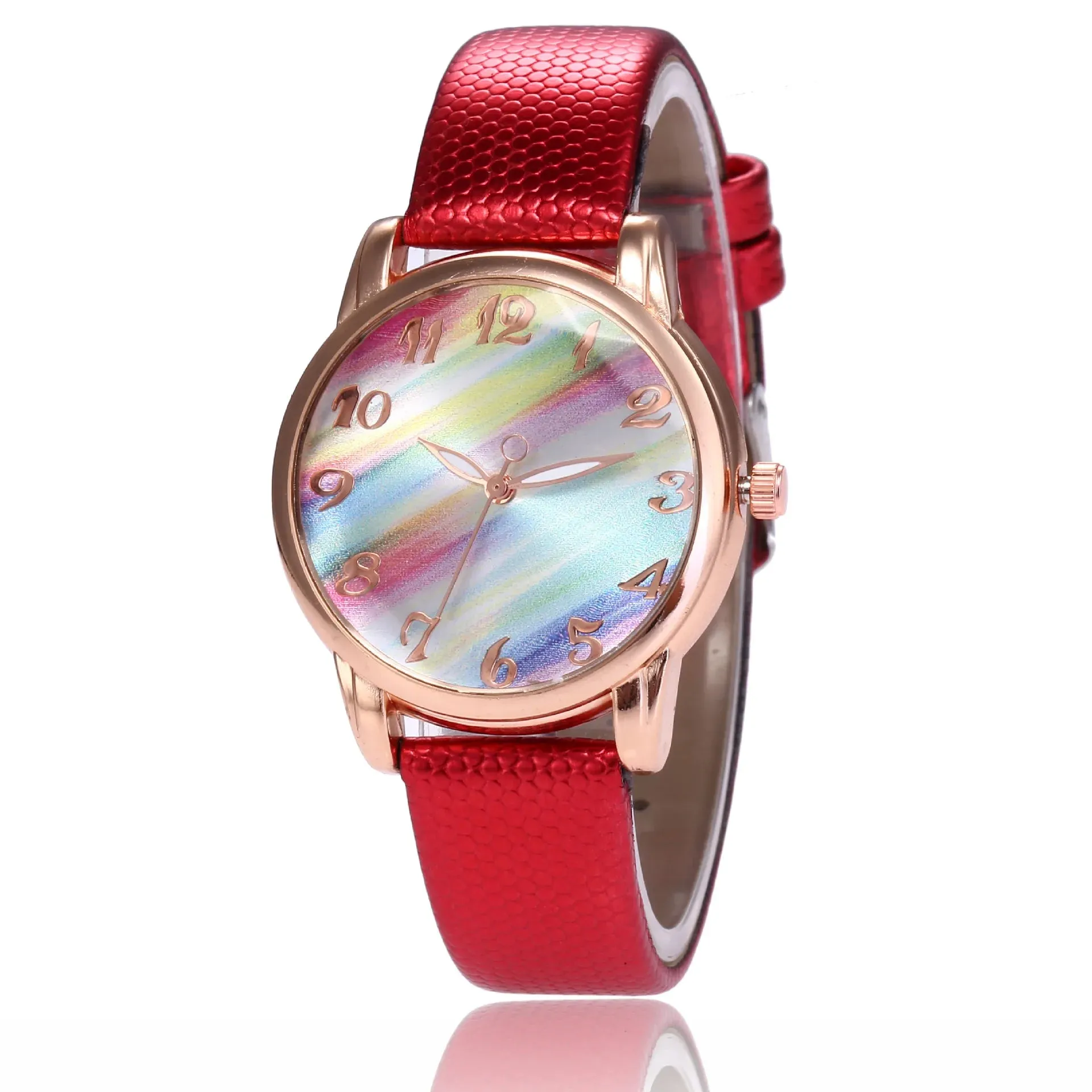 Women Fashion Rainbow Leather Band Wrist Watch Casual Ladies Quartz