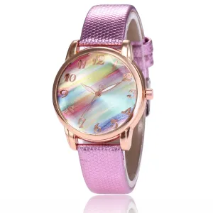 Women Fashion Rainbow Leather Band Wrist Watch Casual Ladies Quartz