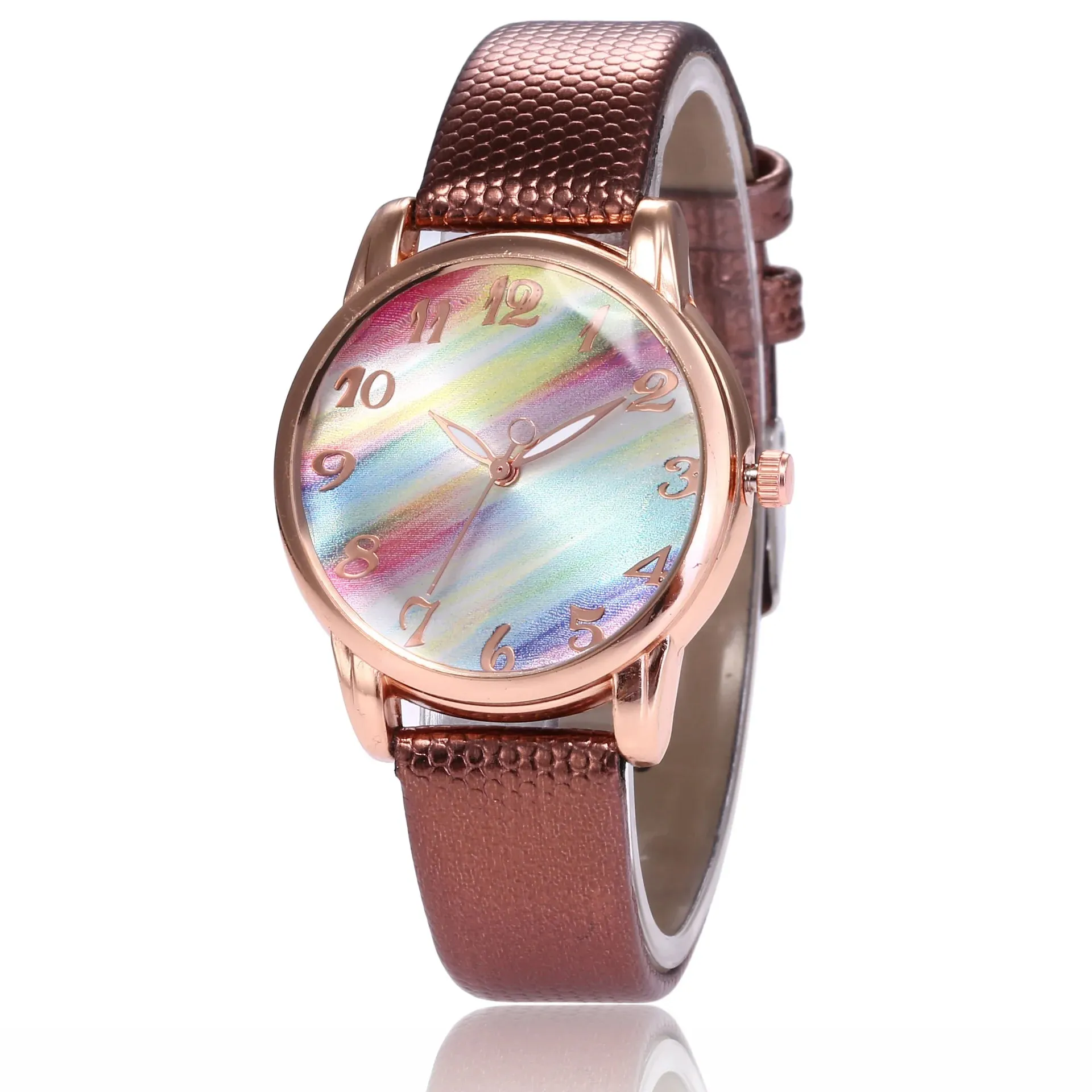 Women Fashion Rainbow Leather Band Wrist Watch Casual Ladies Quartz