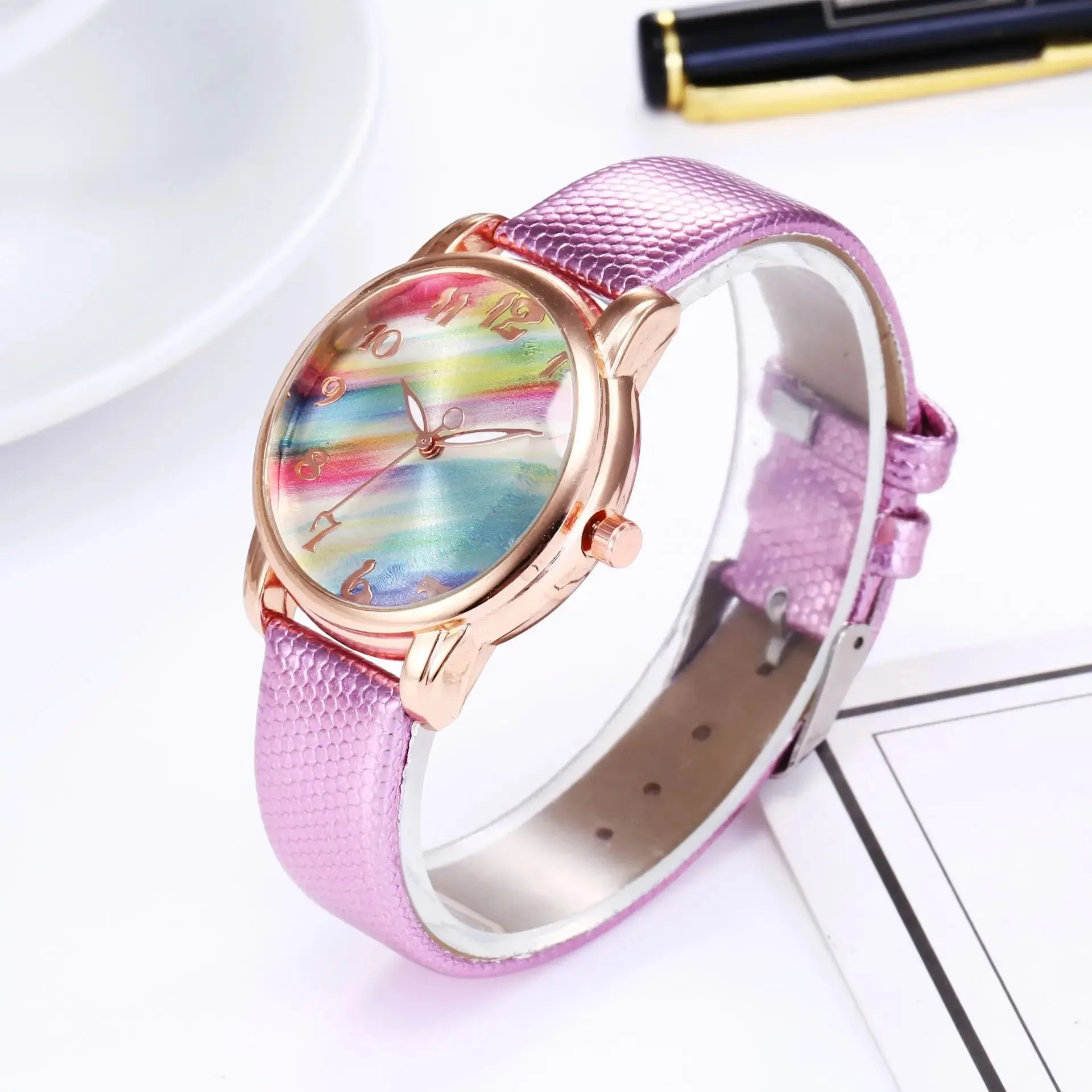 Women Fashion Rainbow Leather Band Wrist Watch Casual Ladies Quartz