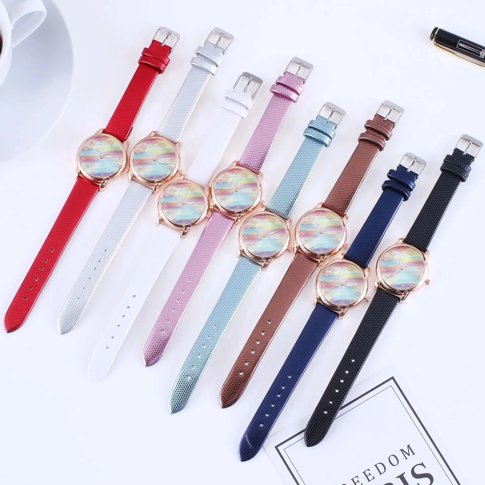 Women Fashion Rainbow Leather Band Wrist Watch Casual Ladies Quartz