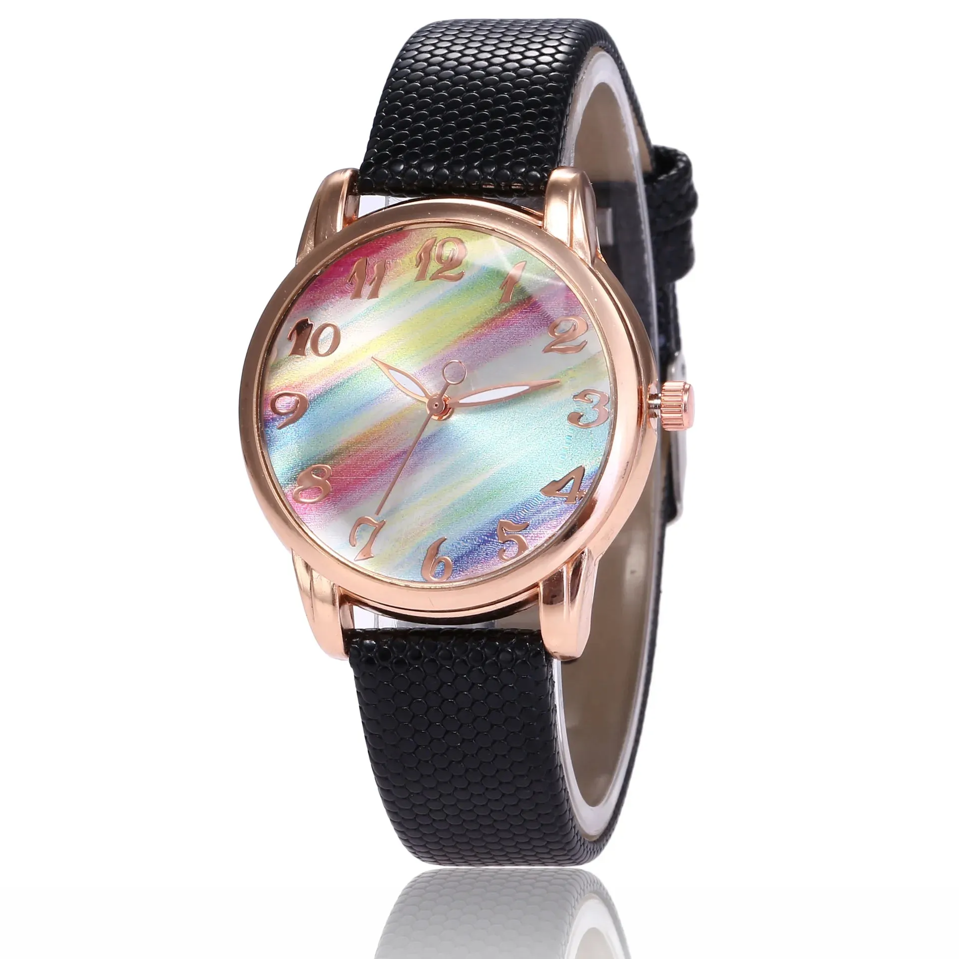 Women Fashion Rainbow Leather Band Wrist Watch Casual Ladies Quartz