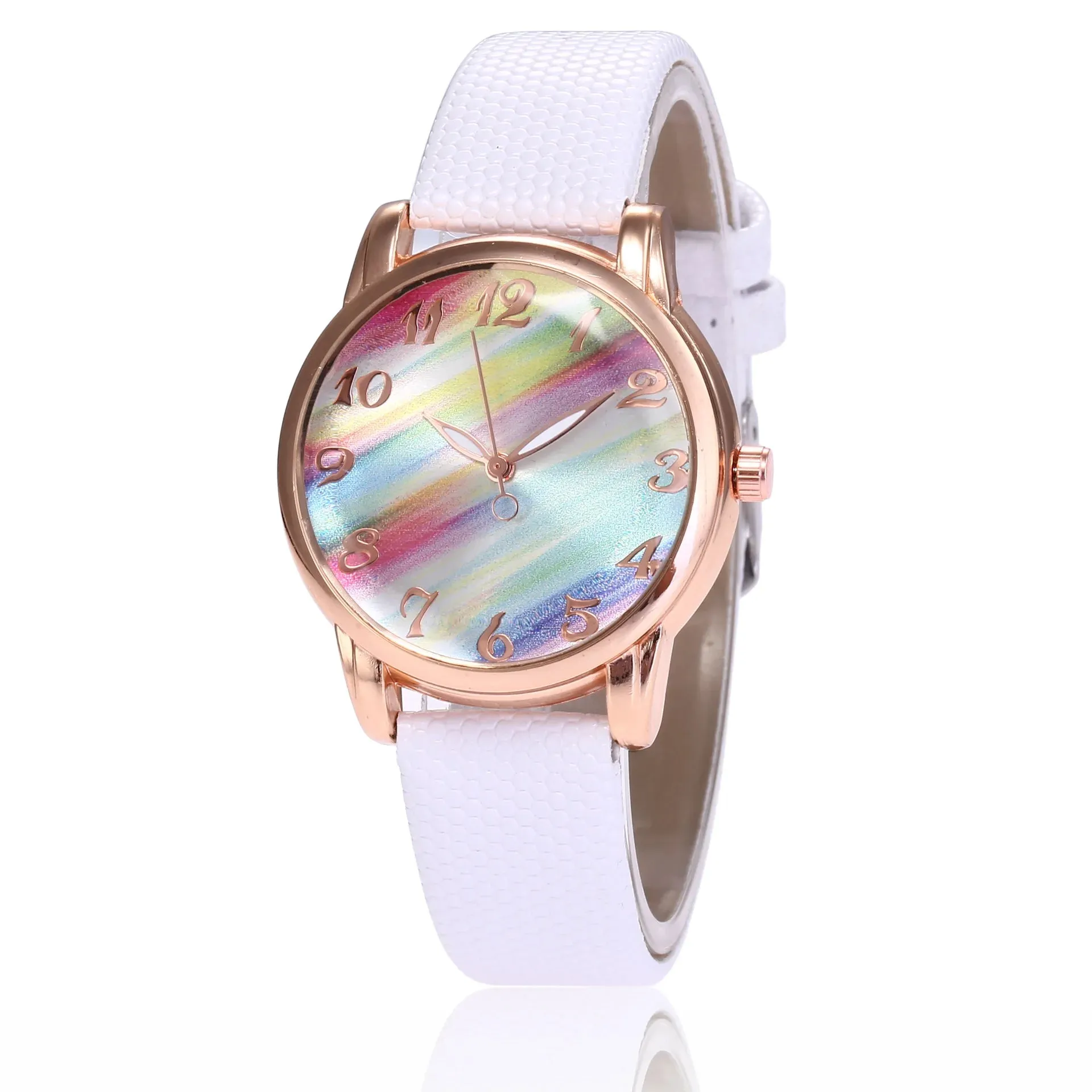 Women Fashion Rainbow Leather Band Wrist Watch Casual Ladies Quartz