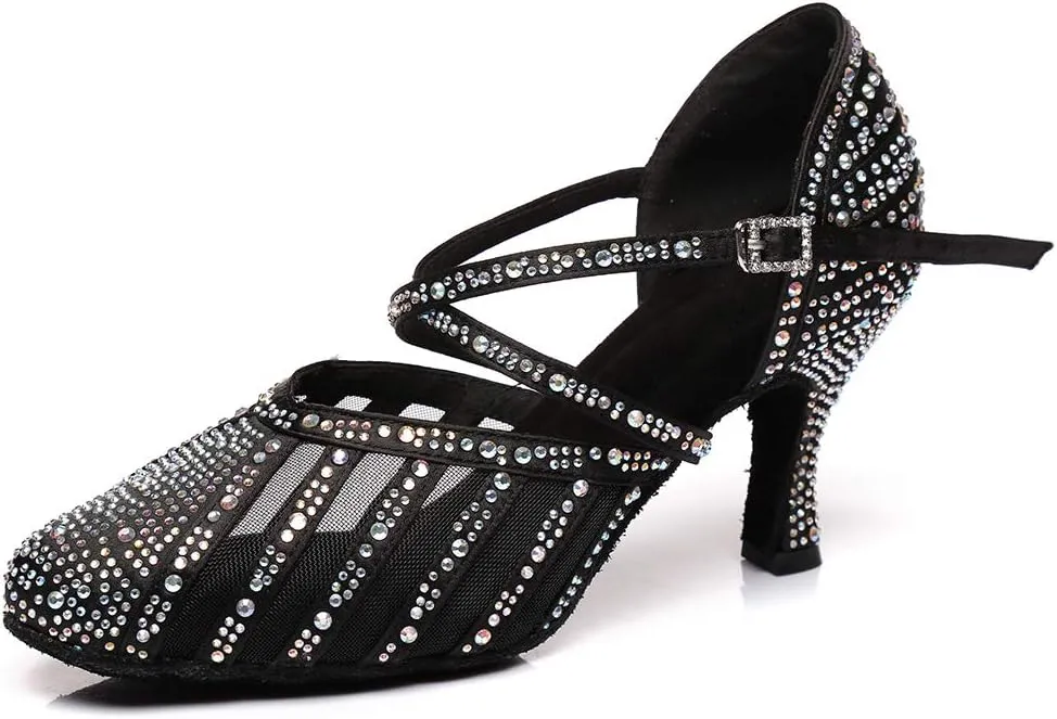 Women Latin Ballroom Dance Shoes Rhinestone Closed Toe Tango Salsa Dancing Shoes