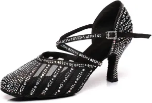 Women Latin Ballroom Dance Shoes Rhinestone Closed Toe Tango Salsa Dancing Shoes