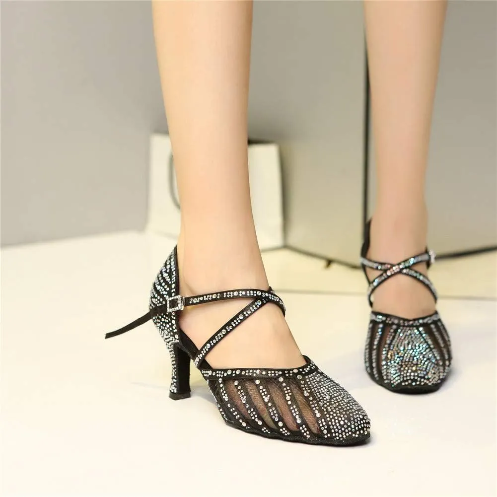 Women Latin Ballroom Dance Shoes Rhinestone Closed Toe Tango Salsa Dancing Shoes