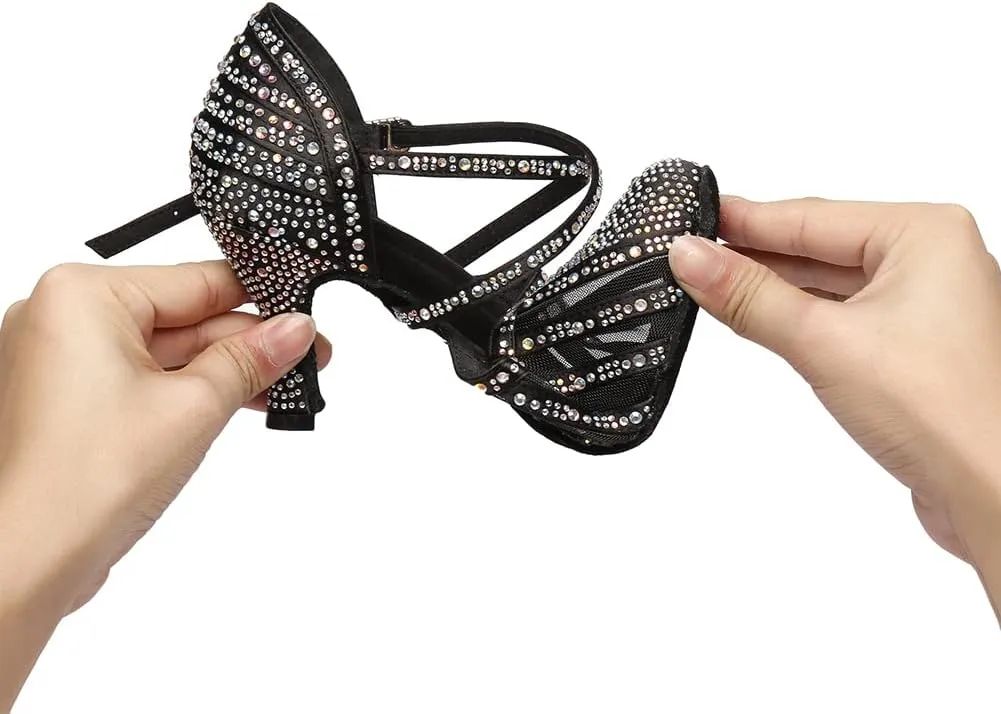 Women Latin Ballroom Dance Shoes Rhinestone Closed Toe Tango Salsa Dancing Shoes