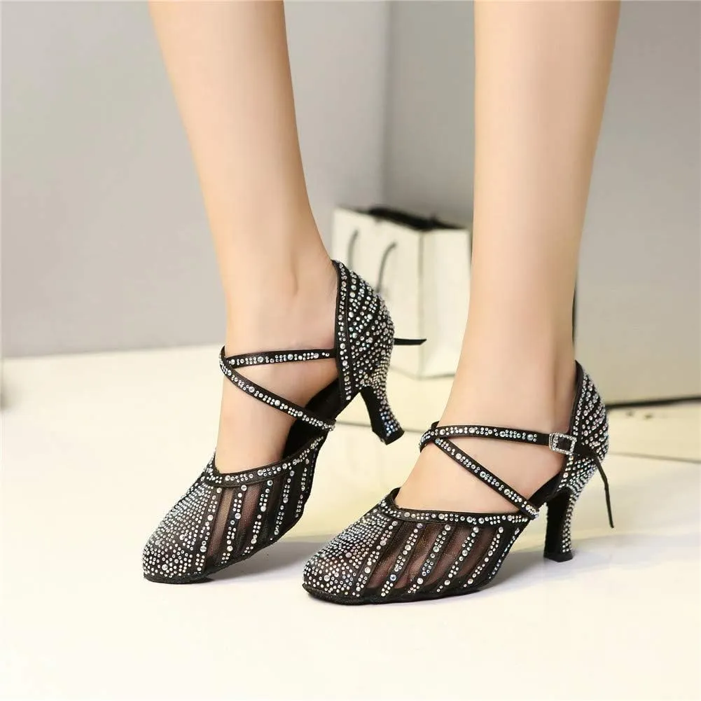 Women Latin Ballroom Dance Shoes Rhinestone Closed Toe Tango Salsa Dancing Shoes