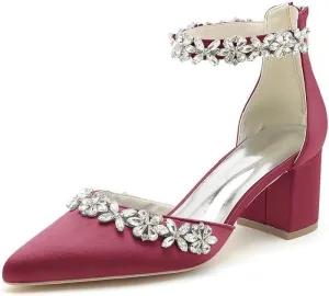 Women's Chunky Block Heel Wedding Shoes for Bride Satin Rhinestone Ankle Strap Mid Heel Pumps for Women
