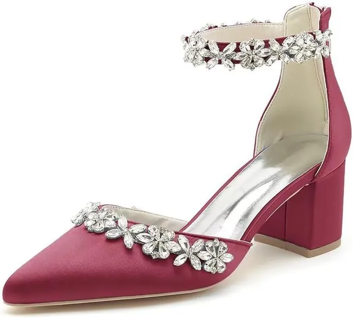 Women's Chunky Block Heel Wedding Shoes for Bride Satin Rhinestone Ankle Strap Mid Heel Pumps for Women