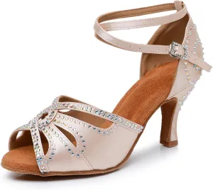 Women's Latin Dance Shoes Satin Open Toe Sparkling Rhinestones Professional Salsa Bachata Ballroom Dancing Shoes,Model QRX-XZ2230