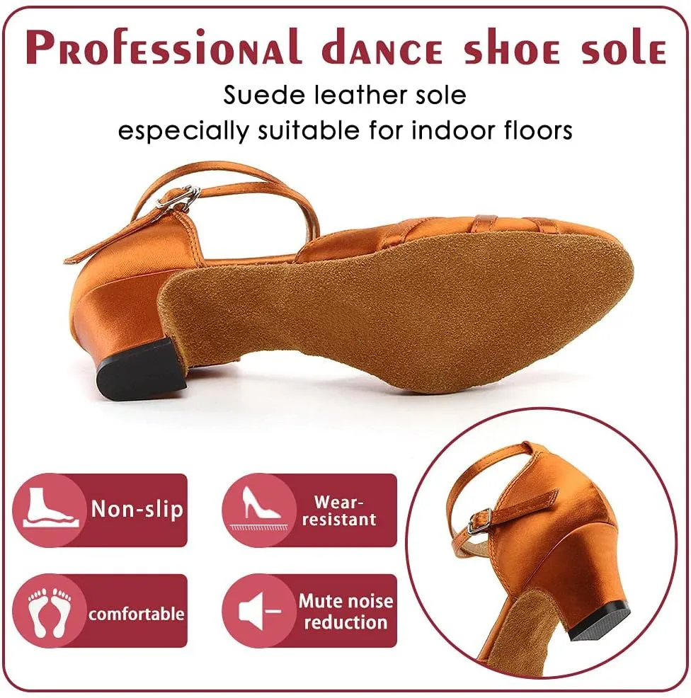Women's Satin Ballroom Dance Shoes Closed Toe Ladies Latin Waltz Salsa Dancing Shoes Brown