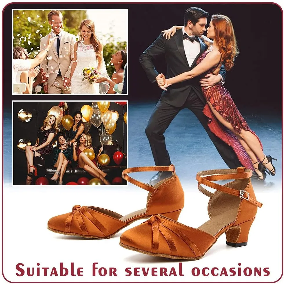 Women's Satin Ballroom Dance Shoes Closed Toe Ladies Latin Waltz Salsa Dancing Shoes Brown