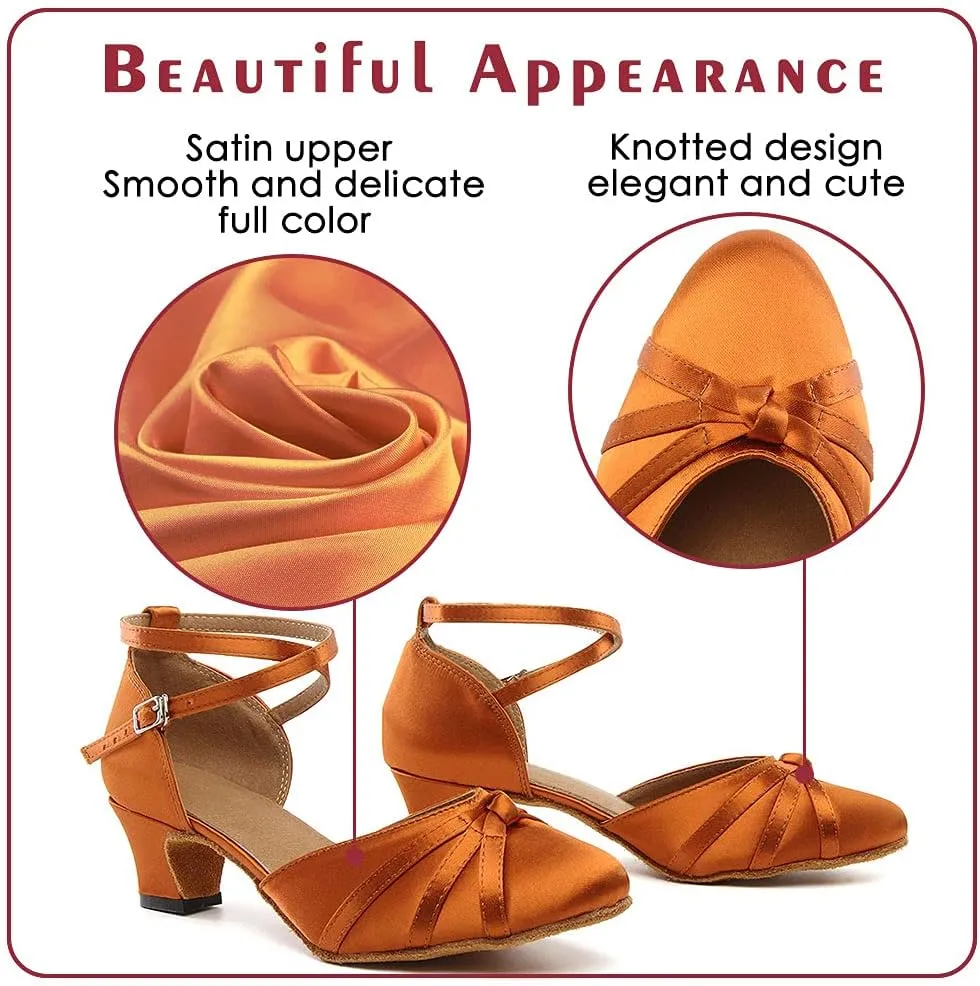 Women's Satin Ballroom Dance Shoes Closed Toe Ladies Latin Waltz Salsa Dancing Shoes Brown