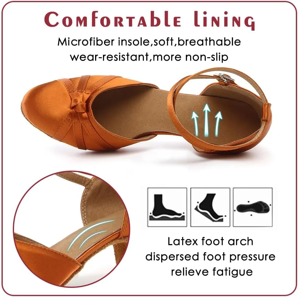 Women's Satin Ballroom Dance Shoes Closed Toe Ladies Latin Waltz Salsa Dancing Shoes Brown