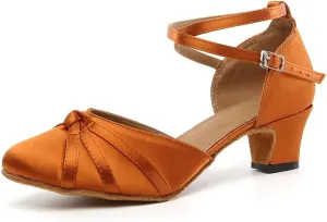Women's Satin Ballroom Dance Shoes Closed Toe Ladies Latin Waltz Salsa Dancing Shoes Brown