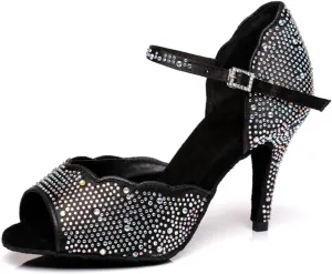 Women's Sparkle Rhinestones Peep Toe Satin Ballroom Modern Rumba Party Wedding Performence Dance Shoes Black US 9.5