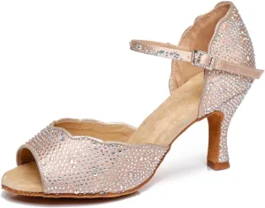 Women's Sparkle Rhinestones Peep Toe Satin Ballroom Modern Rumba Party Wedding Performence Dance Shoes Nude US 10.5