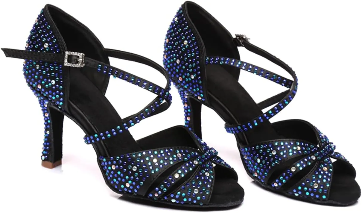 Women's Sparkle Rhinestones Peep Toe Satin Ballroom Modern Tango Party Wedding Performence Professional Dance Shoes