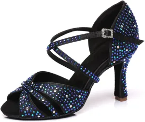Women's Sparkle Rhinestones Peep Toe Satin Ballroom Modern Tango Party Wedding Performence Professional Dance Shoes