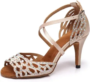Women's Sparkle Rhinestones Peep Toe Satin Ballroom Modern Tango Party Wedding Practice Performence Dance Shoes Nude US 9