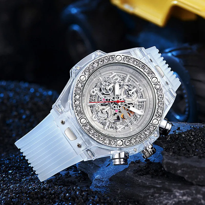 Y3 Diamond Inlaid Transparent Band Quartz Watch Waterproof